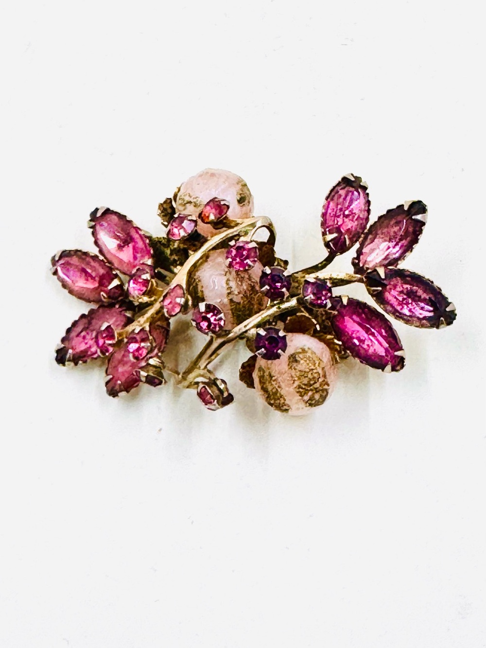 Beau Jewels Vintage Gold Tone Pink Rhinestone & Glass Beads Spray Floral Brooch